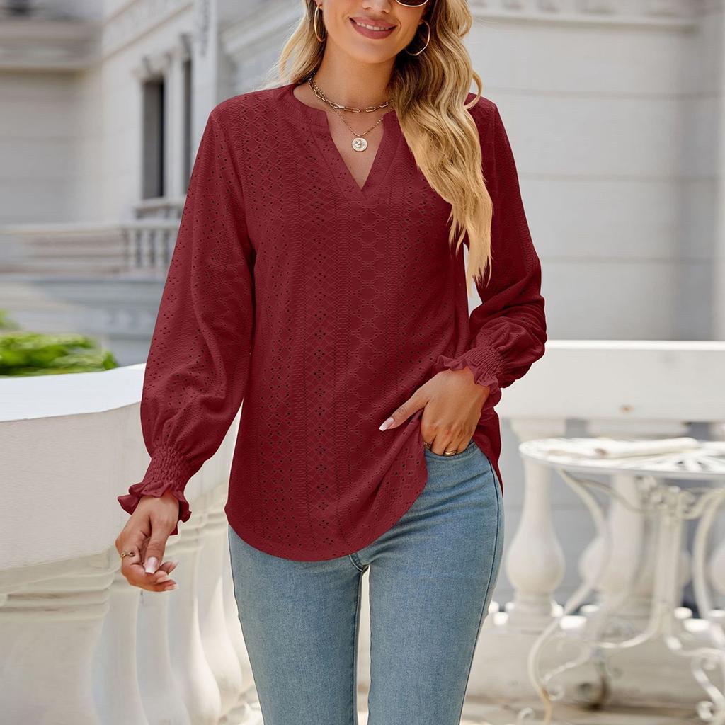 Women's Fashion Solid Color Cut-out And Pleated Leaf Sleeve V Neck Loose Sleeve Top