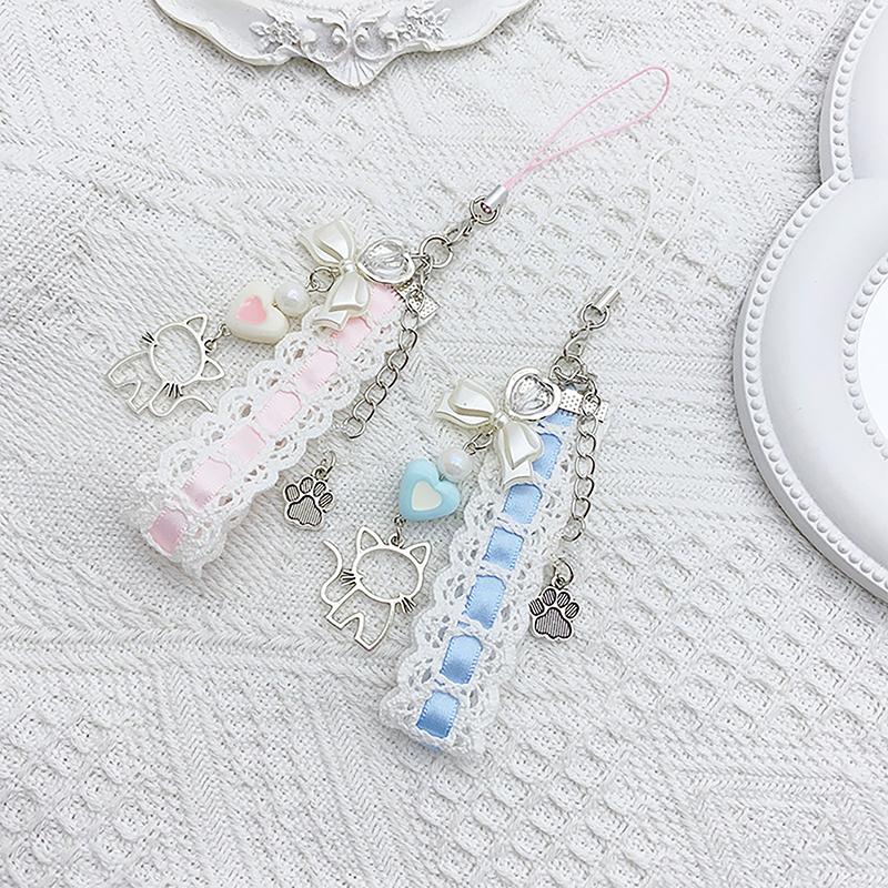 Sweet Lovely Lace Ribbon Cat Heart Pendant Keychain Phone Charm Lanyard Bag Decoration For Women Portable Hangings Lanyard Gifts