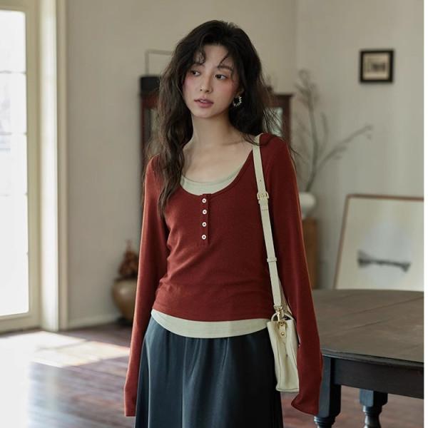 Fashion Long Sleeve T Shirt With Color Block Design For Casual Wear