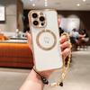 For iPhone 16 Pro Max Case Compatible with MagSafe Electroplated Love Hearts TPU Phone Cover with Chain Strap