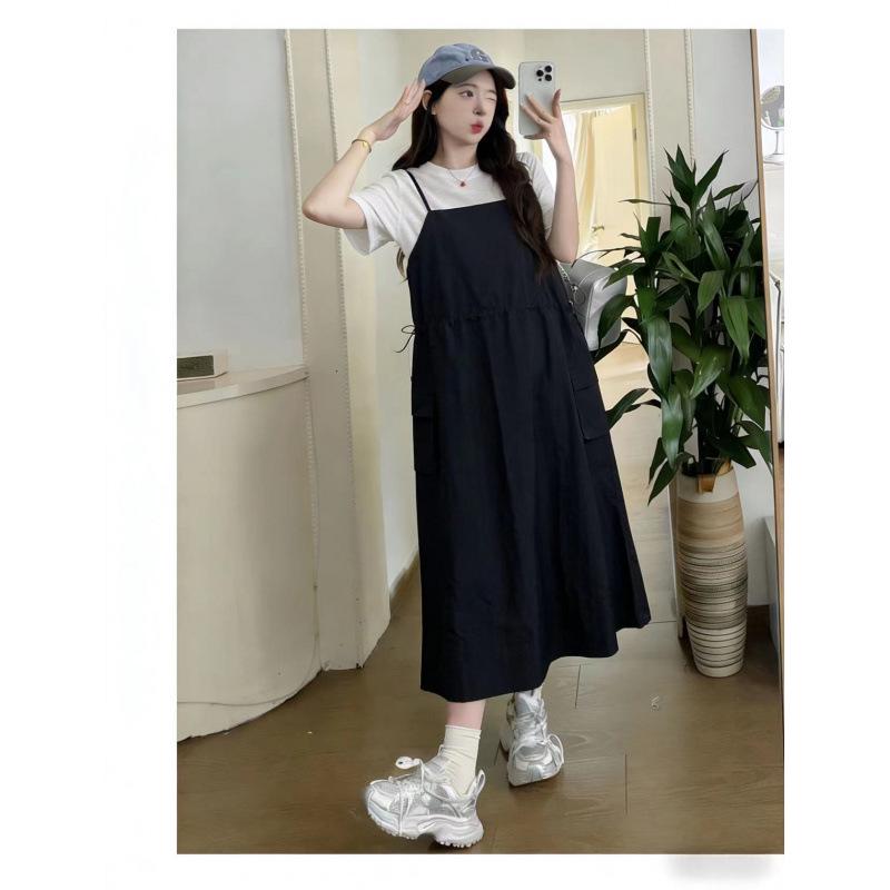 Maternity Summer Set: Waist-Cinching Vest Dress + Round Neck Short-Sleeved Top