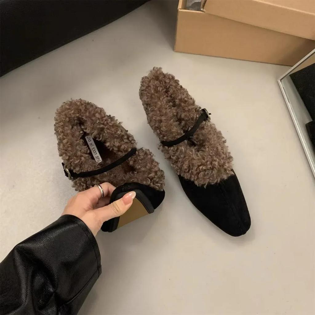 Fashion 2025 Mary Janes  Elegant Metal Buckle Woman Chic Brand Design Fur Women Low Heel Dress Shoes Ladies Winter Warm Plush Belt Pump