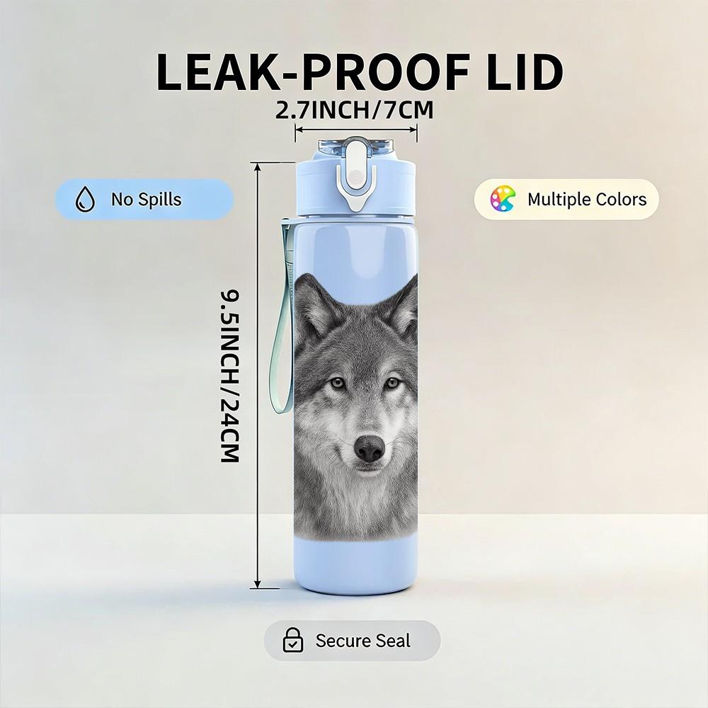 1PC Grey Wolf Head Portrait 750ml Color Plastic Sports Water Bottle Leakproof Flip Straw Lid Suitable for Sports Office Home Use
