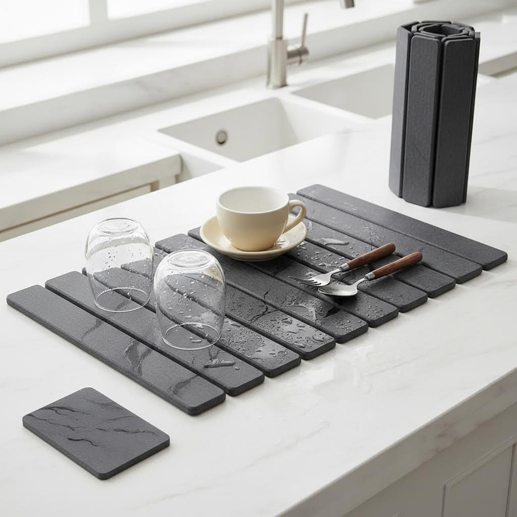 Large Diatomite Drying Mat for Dishes, 24x16 Inch Foldable Non-Slip Kitchen Counter Mat, Fast Absorbing & Antibacterial Sink Pad