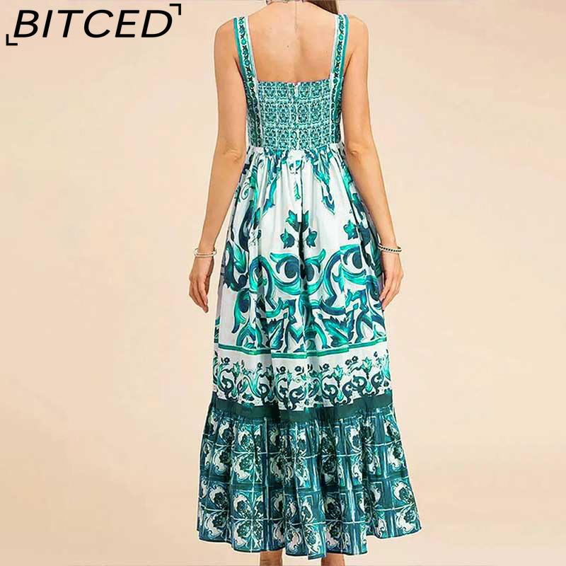 BITCED Spring Collection Bohemian-inspired Elegant Mid-Length Wide-Hem Printed Halter Neck Dress
