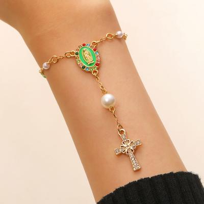 Evil Eye Cross Bracelet Virgin Mary Rhinestone Prayer Baptism Wrist Jewelry