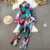 Womens Chiffon Long Sleeve Button-Up Top High-Waist Wide Leg Pants Set Tie-Dye Print Sweet Casual Outfit