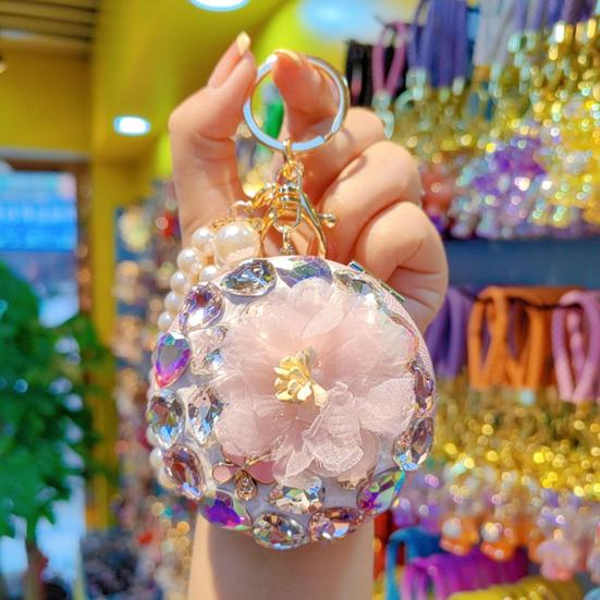 Women Folding Mirror Keychain Portable Make-up Mirror Pendant Rhinestones Faux Pearl Double-Sided Mirror