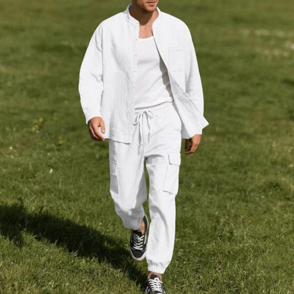 Spring and Summer Men's Linen Button Long Sleeved Shirt and Pants Set, Fashionable, Casual,  Breathable, Quick Drying 2-Pic Set