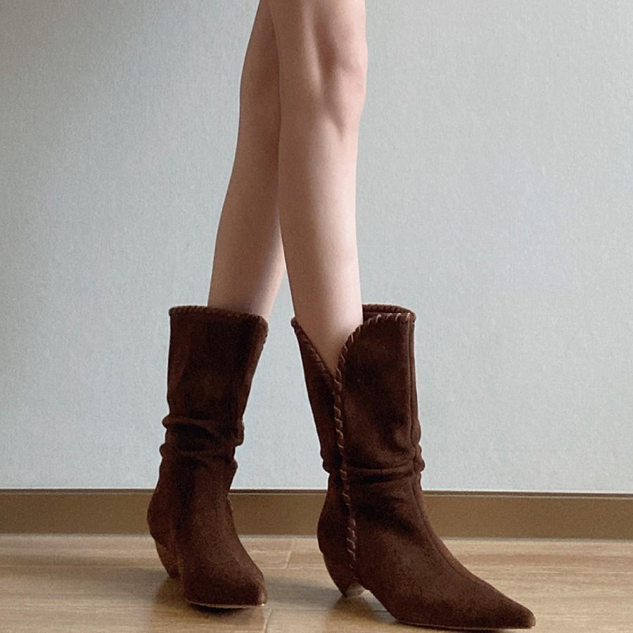 Suding Home~ Niche Pointed Head Retro Woven V-mouth Thin Cowboy Boots Thick Heel Pleated Medium Tube One Pedal Stacking Boots