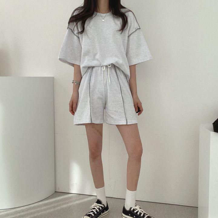 

Женский летний повседневный спортивный костюм из хлопка однотонной расцветки 2024 года - Свободный комплект из двух предметов 2XL for 140-160 jin