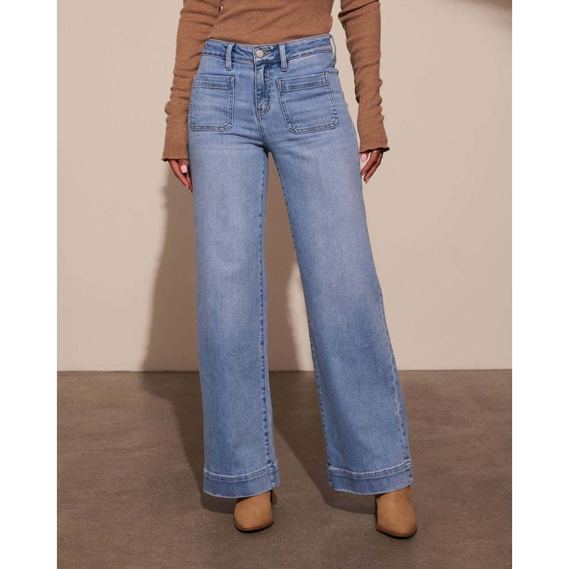 

High Waisted Buttoned Straight Leg Pants High Waist Button Straight-Leg Trousers Light Blue XXL