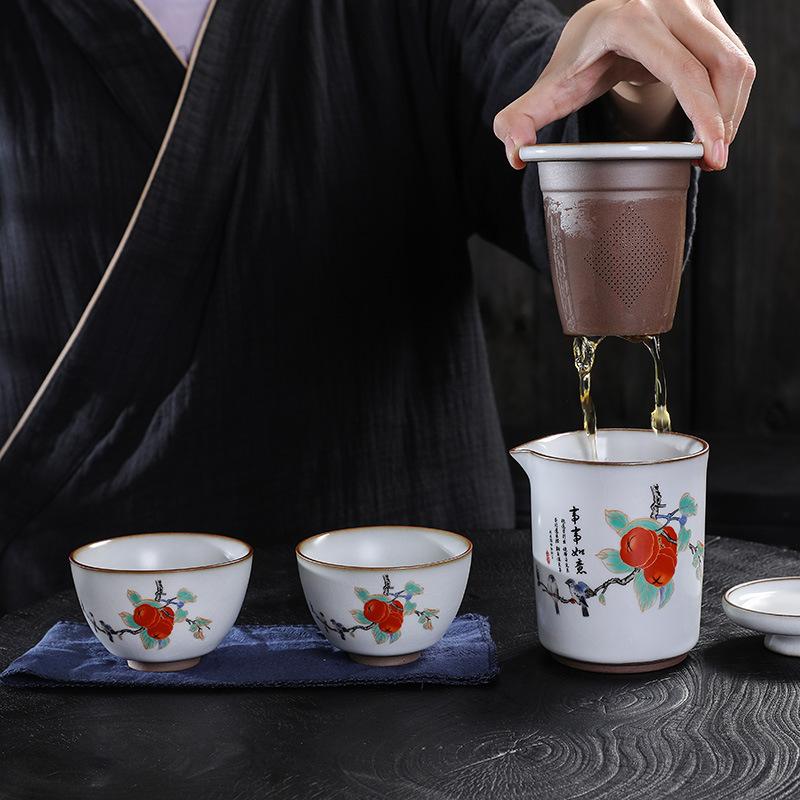 Ceramic Ru Porcelain Ru Kiln Kuaike Cup Japanese Car Portable Outdoor Travel Kung Fu Tea Set One Pot Two Cups Printed