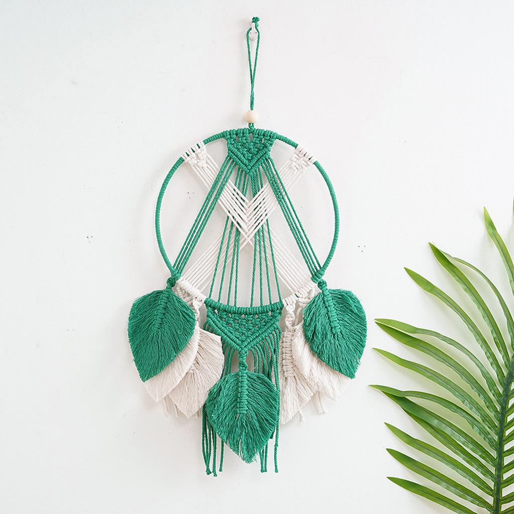 Handwoven Cotton Rope Contrast Color Dreamcatchers with Leaves Tassels Wall Hanging Macrames Tapestrys for Home Decors