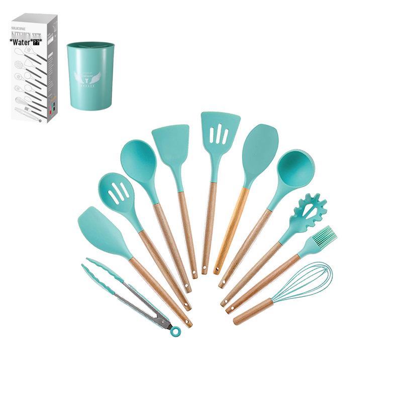 12-Piece Silicone Kitchen Utensil Set with Wooden Handles - Includes Spatula, Slotted Spoon, Frying Spatula, and Baking Tools