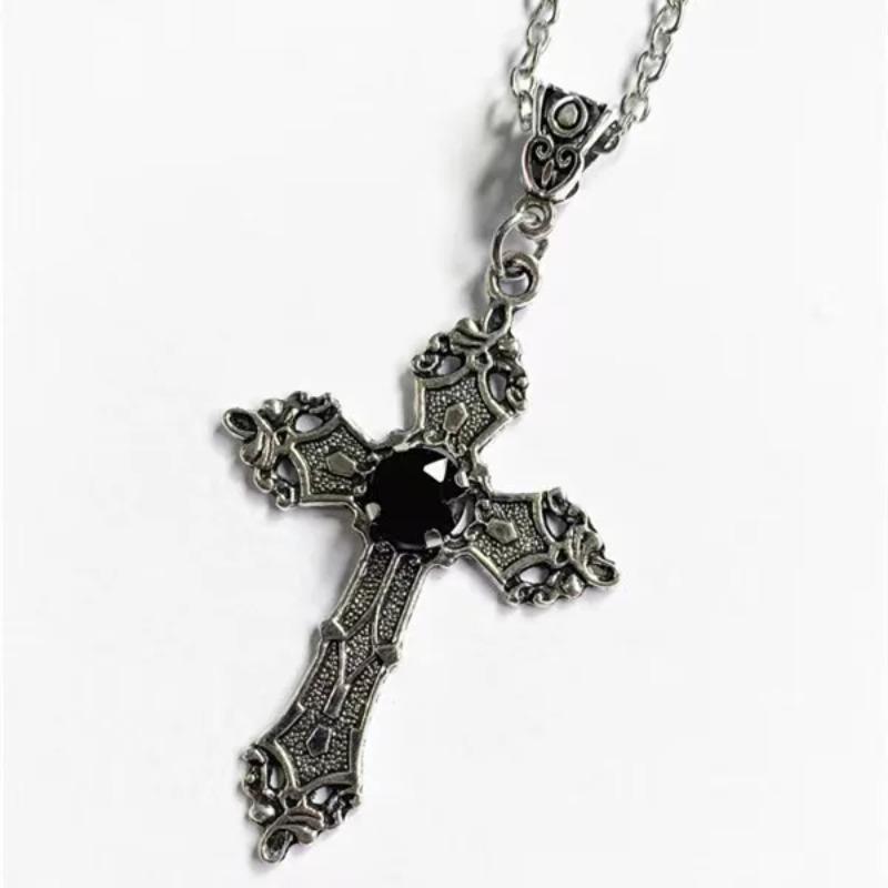 Punk Crystal Big Cross Pendant Necklaces for Women Men Gothic Irregular Cross Clavicle Chain Necklaces Aesthetic Jewelry