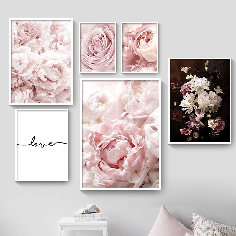 Nordic Wall Art Canvas Painting Posters Pink Flowers Rose Peony Minimalism Quotes Print Wall Pictures For Living Room Home Decor