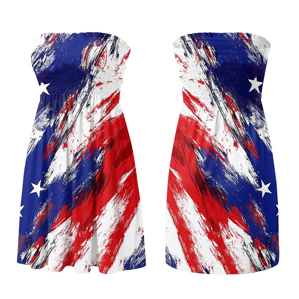Women Casual Strapless Dress Sleeveless Summer Dress with Star and Stripe Print Lightweight Comfortable Fit for Daily Wear