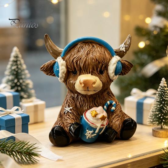Resin Animal Statue Winter Highland Cow Figurine, Cattle for Desk Decor Decor, Shape Ornament Home Office
