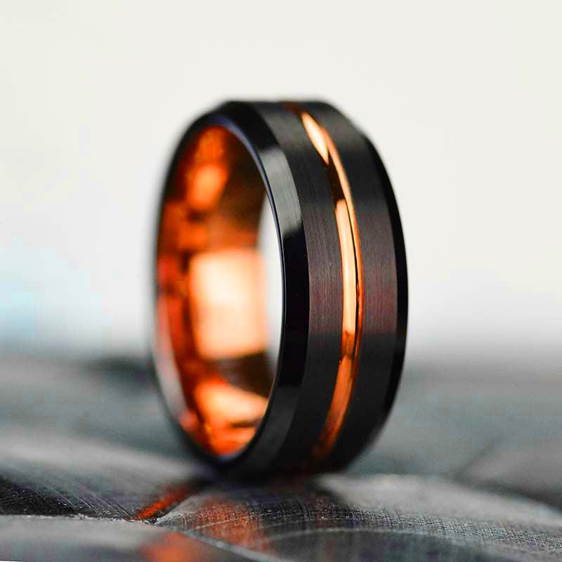 Anelli nuziali da uomo alla moda in titanio colore oro rosa da 8 mm con scanalatura e bordo smussato, anello in acciaio inossidabile nero spazzolato, fede nuziale da uomo
