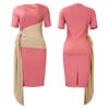Pleated Strap Clothing Summer Short Color Matching Large Size Women's Sleeve Diagonal Collar Sheath Dress