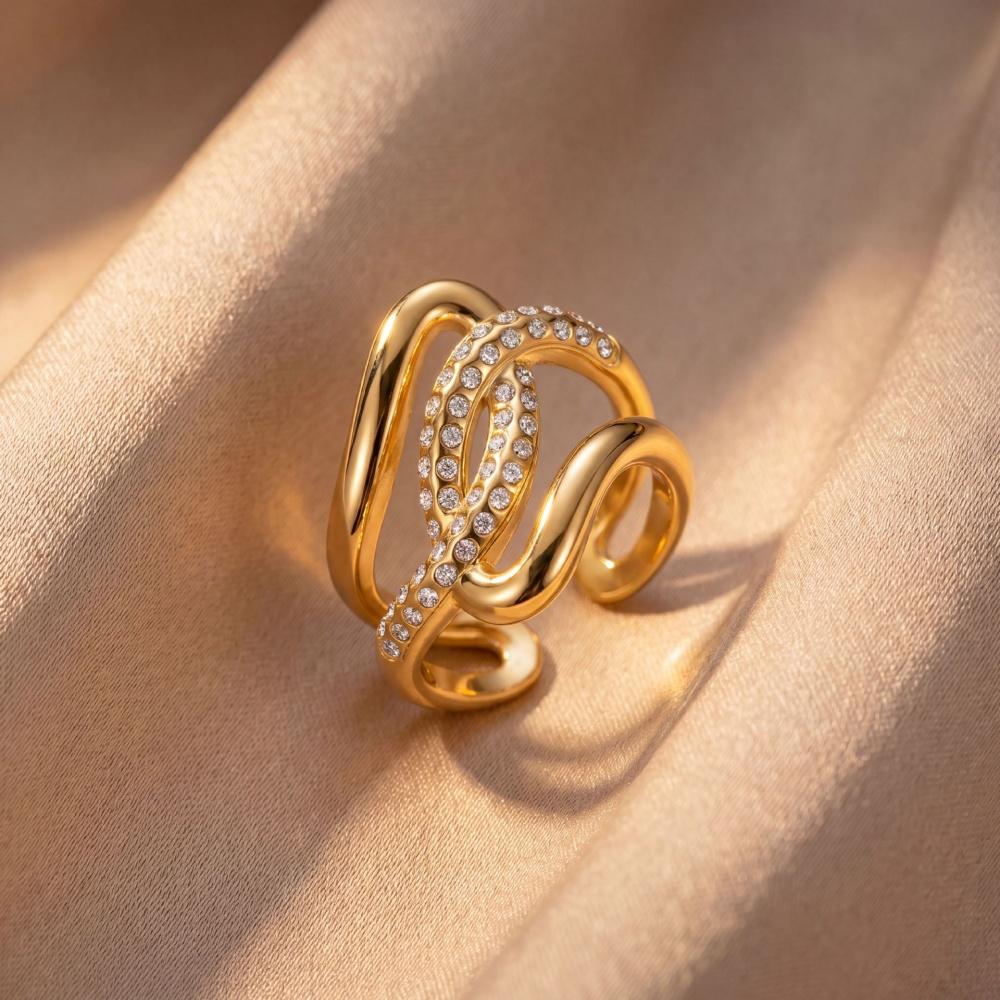 Luxury Female White Zircon Stone Asymmetrical Skeleton Adjustable Open Ring Vintage Gold Color Wedding Jewelry For Women
