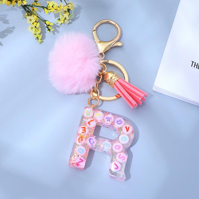 1PC Keyring Key Accessory Letter Filled Colourful Initial Pendant With Fluffy Keychain Glitter Tassel Charms For  Bags Backpacks