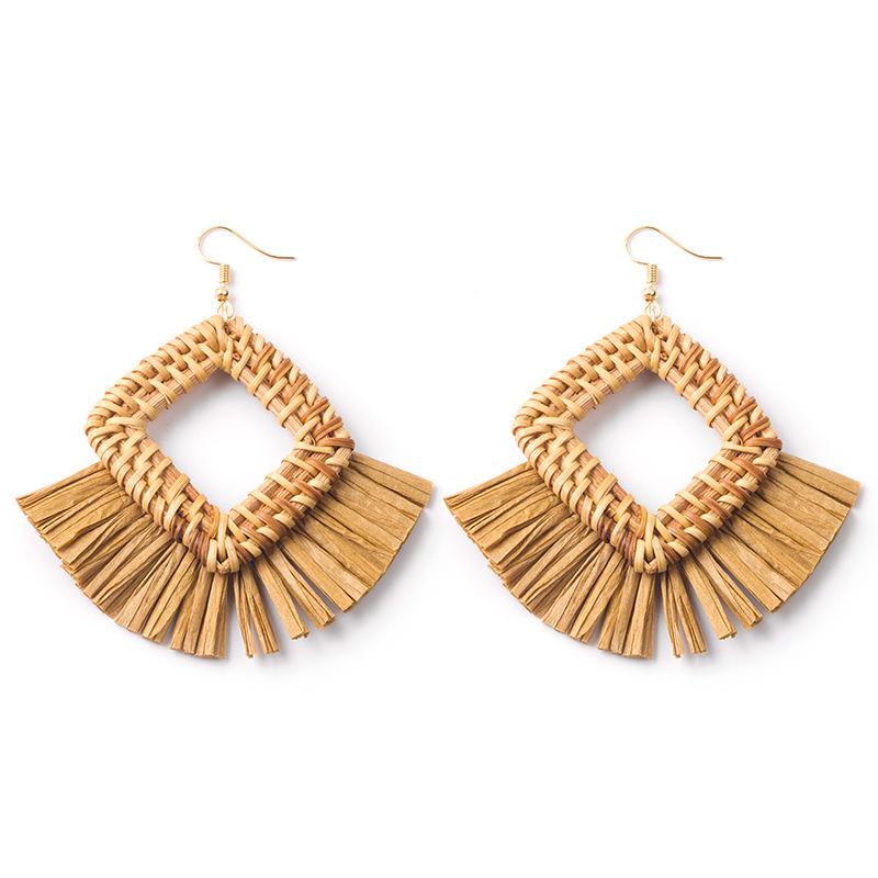 Hand-Woven Geometric Rattan Raffia Earrings, Retro Resort Fan Stud Earrings, Earrings For Women