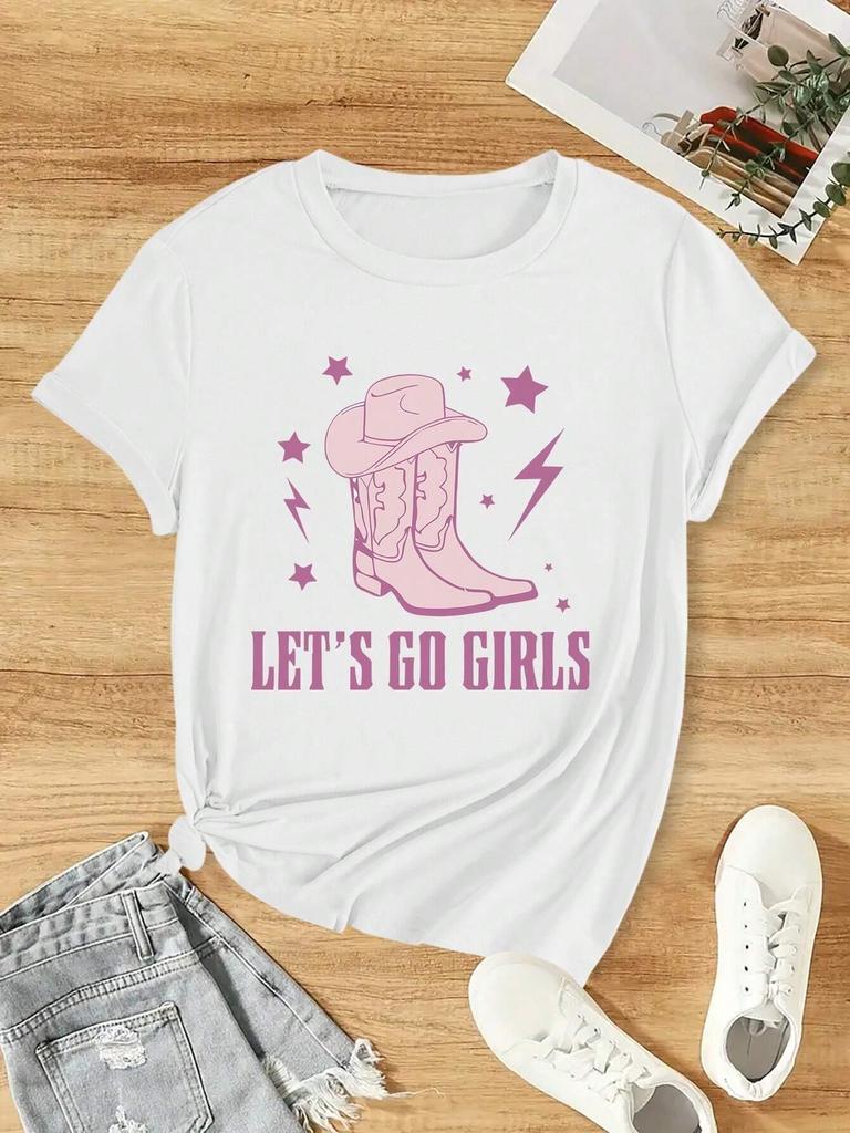 Casual Women T-Shirt Vintage Cowboy Let'S Go Girls Printing Short Sleeve Teessummer Street Fashion Tops O-Neck Female Clothes
