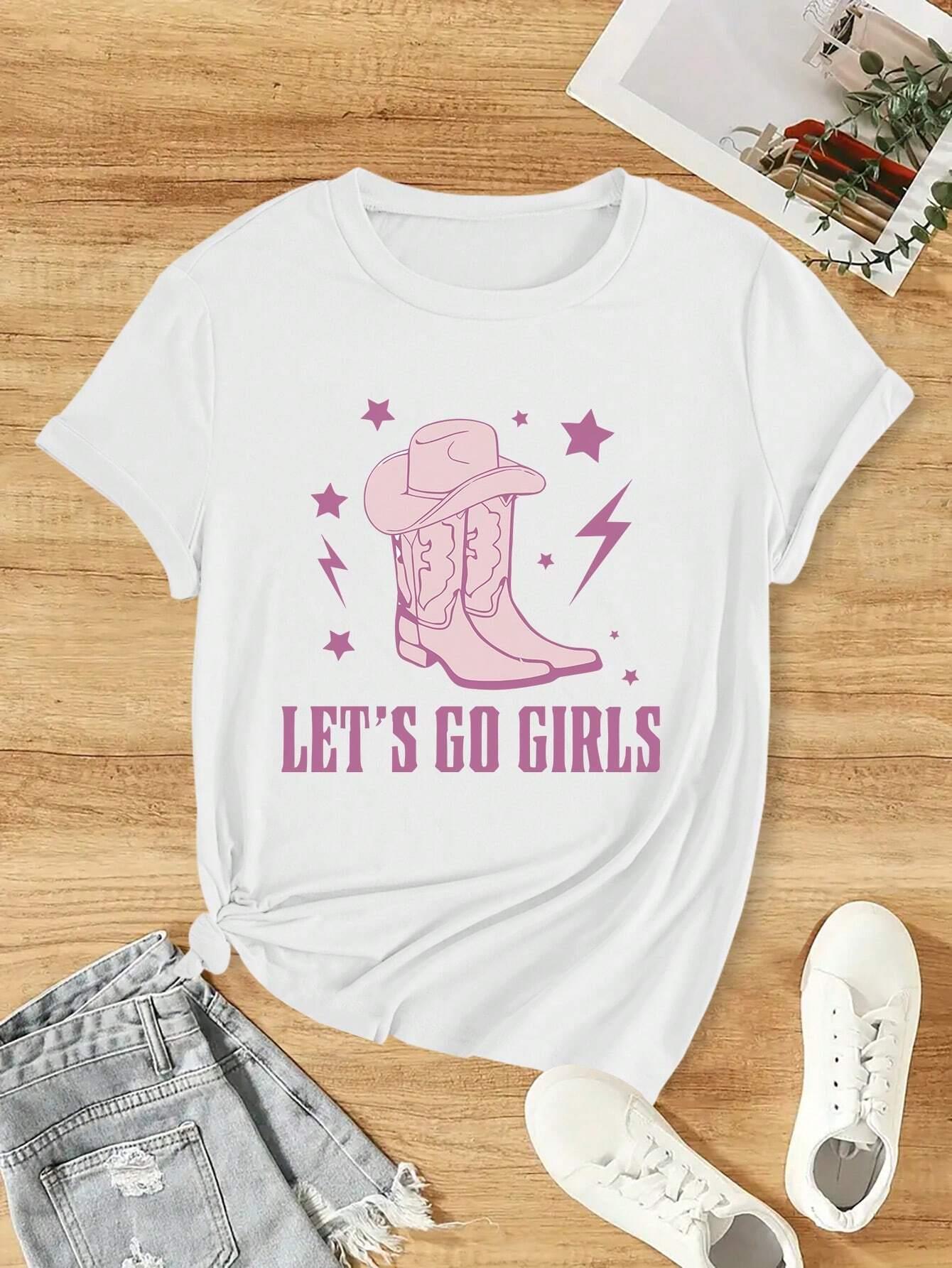 

Casual Women T-Shirt Vintage Cowboy Let S Go Girls Printing Short Sleeve Teessummer Street Fashion Tops O-Neck Female Clothes S