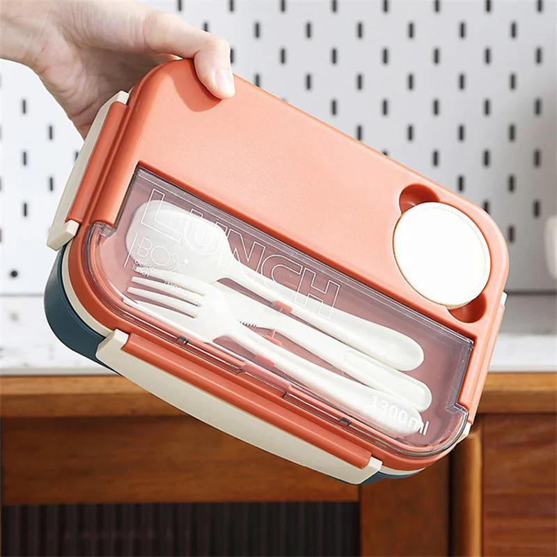 1300ml Compartment Lunch Box Portable Microwave Oven Sealed Bento Box with Spoon Fork Student Office Workers Food Containers
