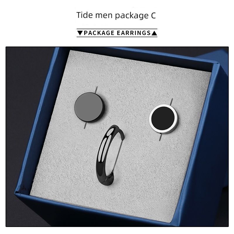 

Trendy Fashion Handsome Style Earrings Men s Titanium Steel Earring Ear Clip Combination Single Cool Suit Creative No Need to Take off Ear Studs T01-[three-piece meal/A/B/K]]