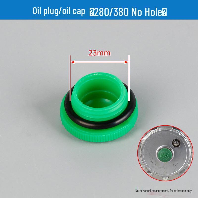 

High-Pressure Washer Accessories: Car Wash Brush & Pump (280/380 Type), Fuel Cap, Oil Cap, and Oil Sight Glass.