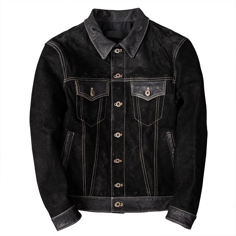 Genuine Suede Leather Jacket for Men Stylish Slim Fit Short Coat with Lapel Collar Autumn Winter Outerwear