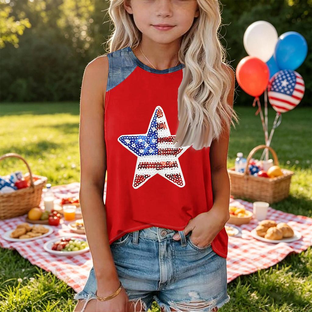 Girls Sleeveless Loose Fit Tank Top Round Neck T Shirt with Star Pattern Denim Patchwork Summer Casual Tee for Kids