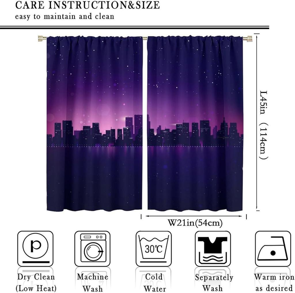 Starry Urban Nightscape Blackout Curtain 2 Panels Water Reflection City Building Print Window Drape for Bedroom Gaming Studio