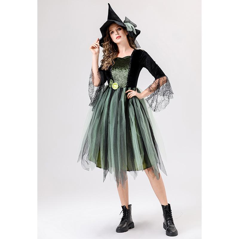 Cosplay Halloween Costume Adult Green Mesh Witch Dress, Camellia Spider Web Witch, Holiday Dress Stage Dress