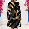 Women Plus Size V Neck Long Sleeve Printed Black Teal Gold A Line Dress