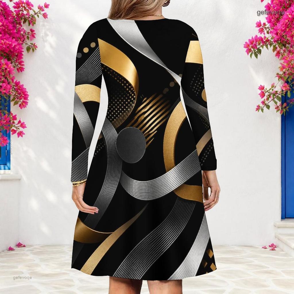 Women Plus Size V Neck Long Sleeve Printed Black Teal Gold A Line Dress
