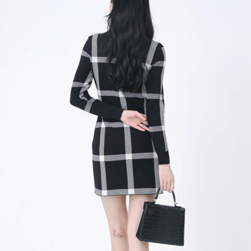 Women's Fashion Autumn Winter Plaid Print Long Sleeve O-Neck Slim Casual Dresses