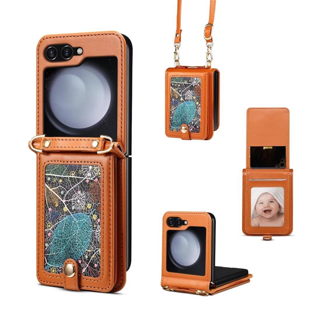 

Чехол-кошелек через плечо для телефона Samsung Galaxy Z Flip 5 4 3 Flip5 Flip4 Flip3 5G RFID, блокирующий слот для карт, кожаный ремешок, чехол