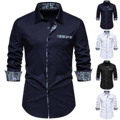 Men's Casual Fashion Lapel Long Sleeve Shirt Men's Flower Print Color Block Long Sleeve Shirt