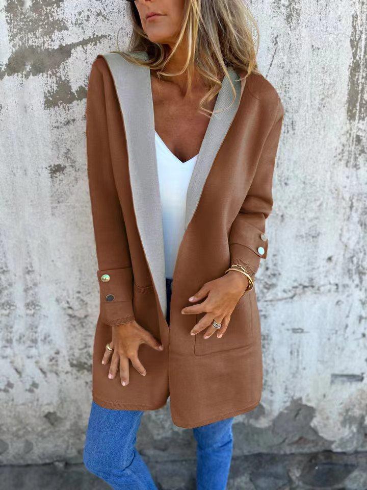 Women's Orange Hooded Cardigan Sweater Casual Long Sleeve Open Front Lightweight Jacket