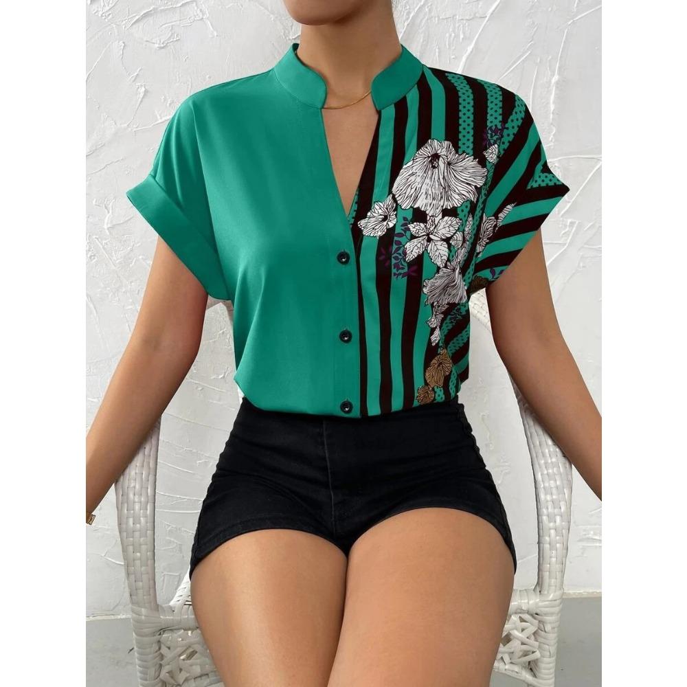 GMXIA Summer Women's Semi-open Collar Fashion Print Patchwork Casual Shirt