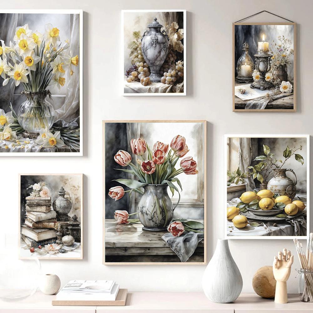Old Retro Tones Still Life Poster Prints ForHome Decor Victorian Vintage Art Picture Flowers Fruits Canvas Painting Wall Art