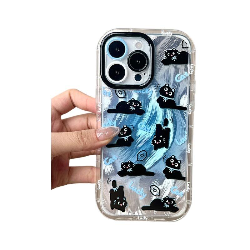 Applicable To Apple 16promax Mobile Phone Case Fine Hole Silver Black Frame Feather Yarn 12pro Cute Cat Mobile Phone Case 13