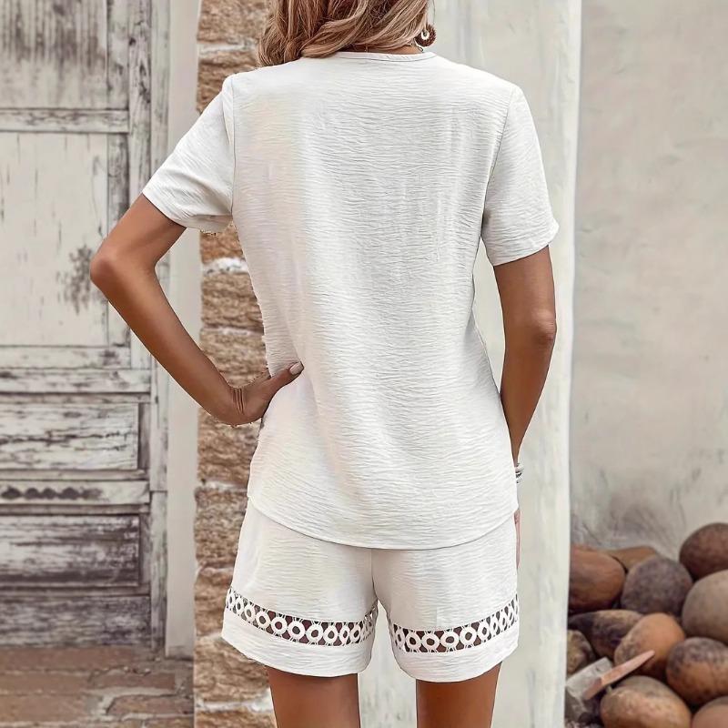 Summer V-neck Lace Spliced Short Sleeved Blouse Women Loose Solid Color Shorts Set for Women Hollow Out Fashion Elegant Simple Casual Sweet Outfits