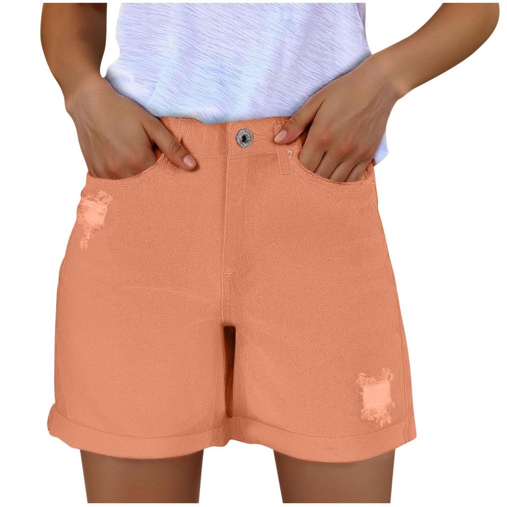 Women's Solid Color Jeans Stretch Slim Fit Distressed Denim Shorts