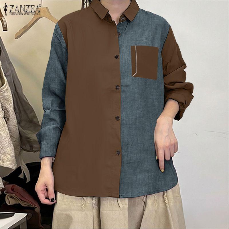 ZANZEA Women Casual Turn Down Collar Long Sleeve Patchwork Blouse