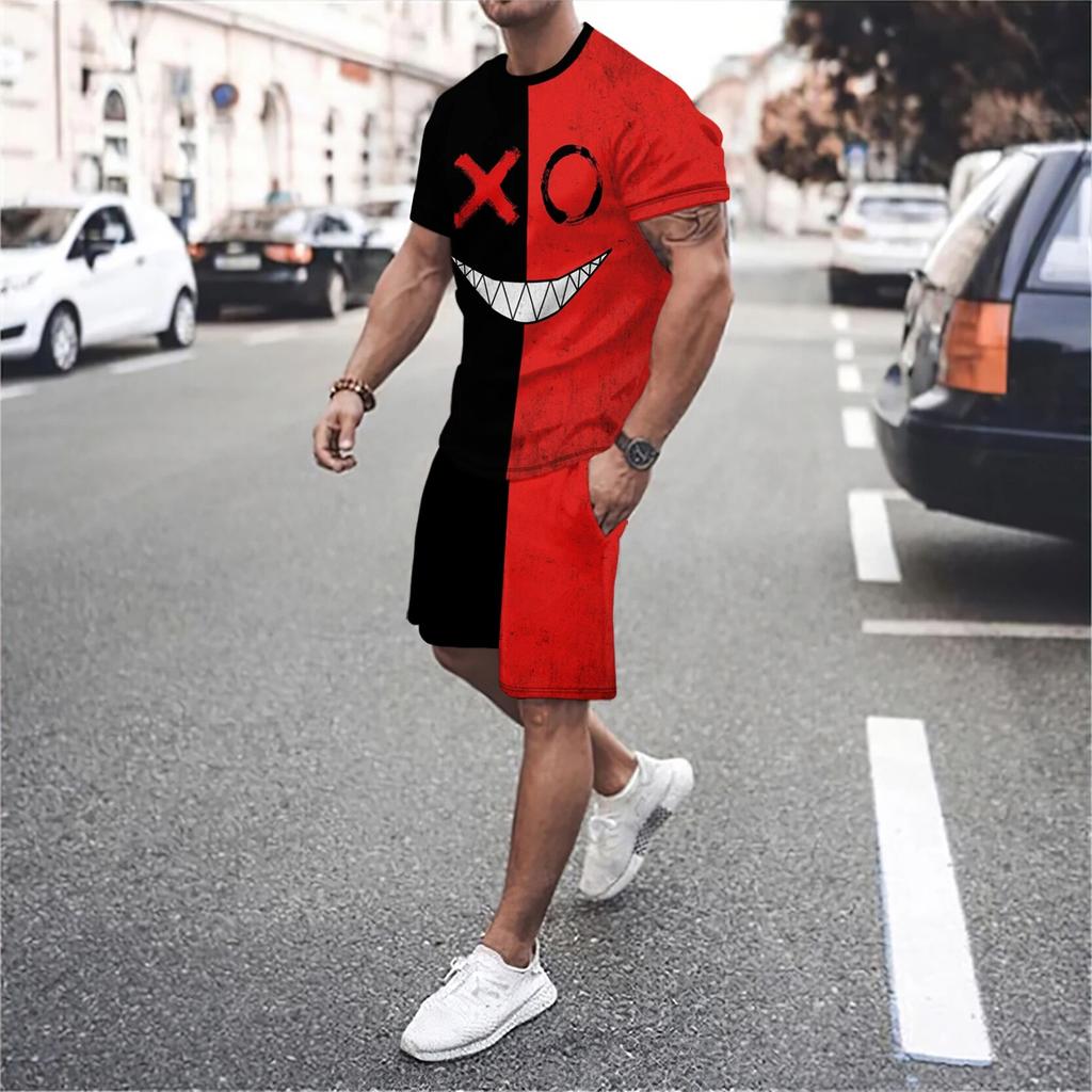 Summer Men's Round Neck Short Sleeved and Shorts Two-piece Set, Facial Expressions Comical and Realistic 3D Printing Set, Men's